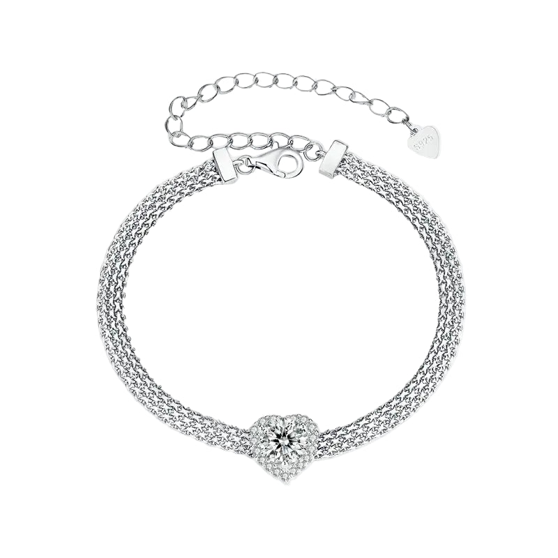 Silver bracelet with heart-shaped clasp on a white background