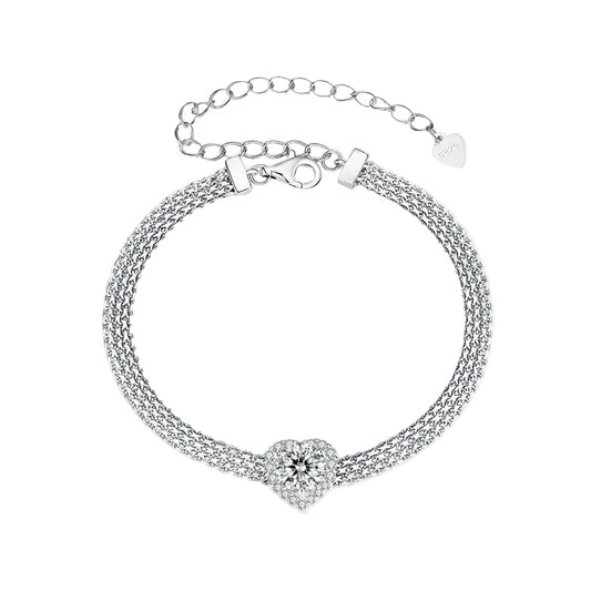Silver bracelet with heart-shaped clasp on a white background