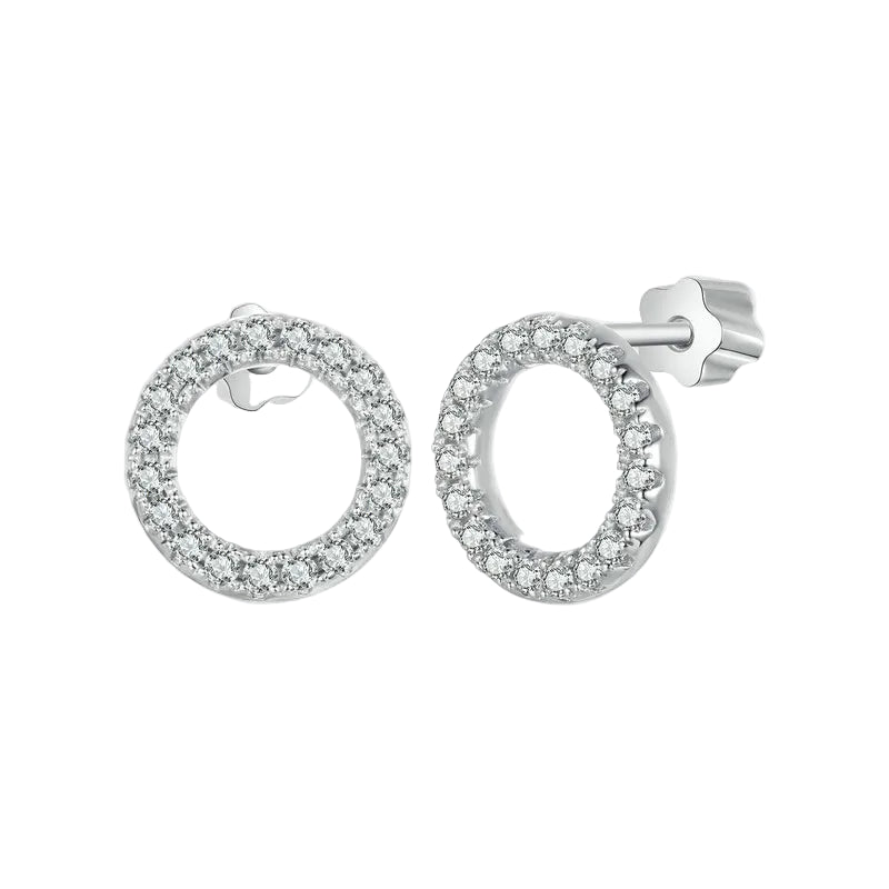 Pair of silver hoop earrings with clear gemstones on a white background