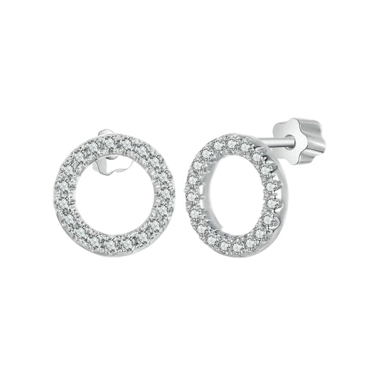 Pair of silver hoop earrings with clear gemstones on a white background