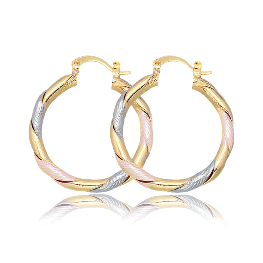 Pair of gold and silver hoop earrings on a white background