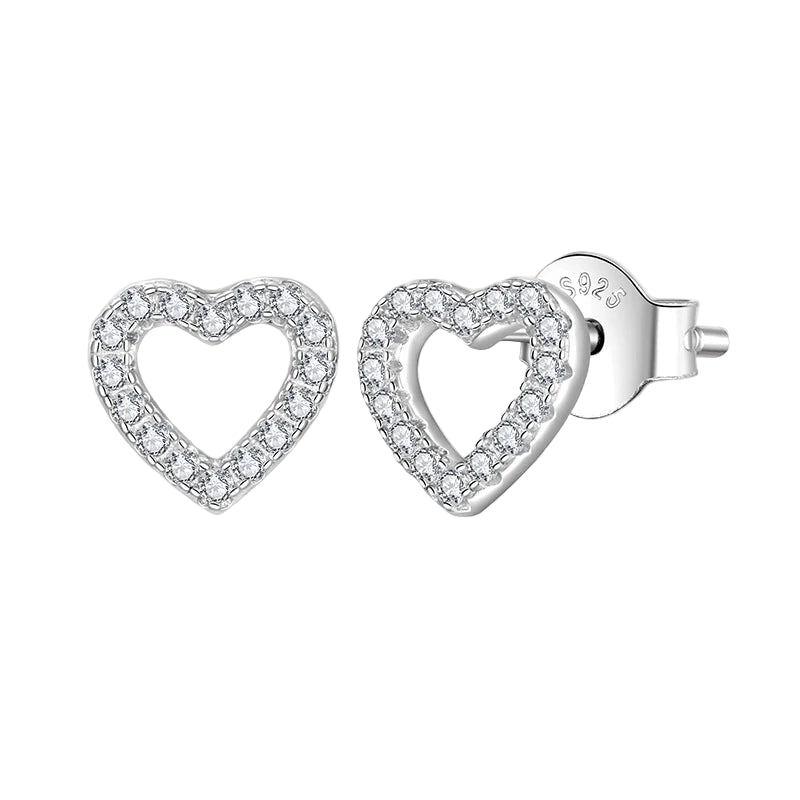 Heart-shaped earrings with clear stones on a white background