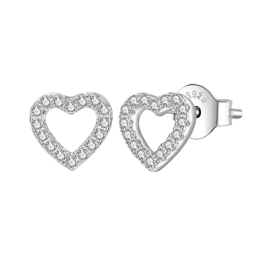 Heart-shaped earrings with clear stones on a white background