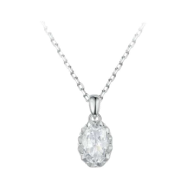 Silver necklace with a clear teardrop pendant on a white background