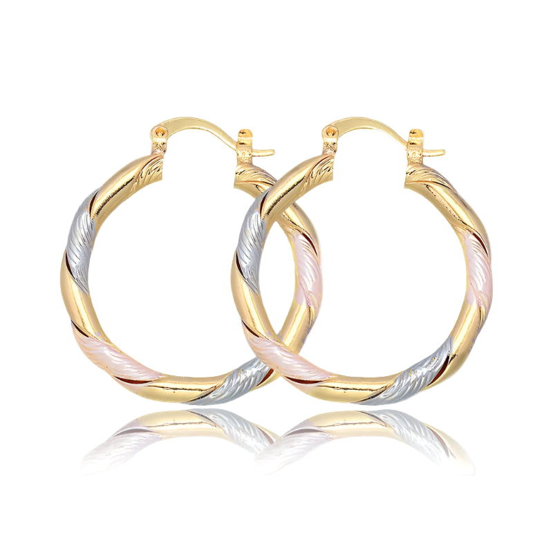 Pair of gold and silver hoop earrings on a white background